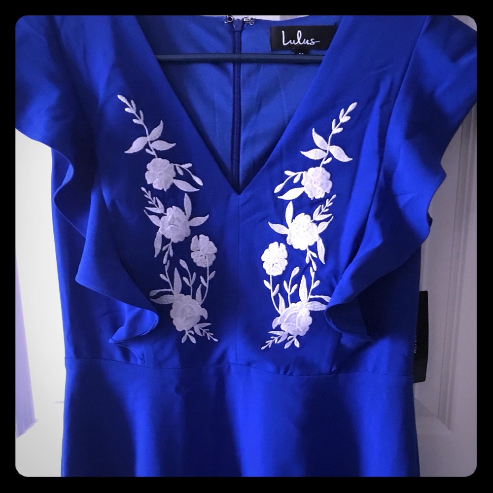 Royal blue dress with ruffled sleeves
